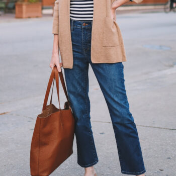 Go-To Fall Outfit: Sweater Blazer, Stripes + Demi-Boot Jeans