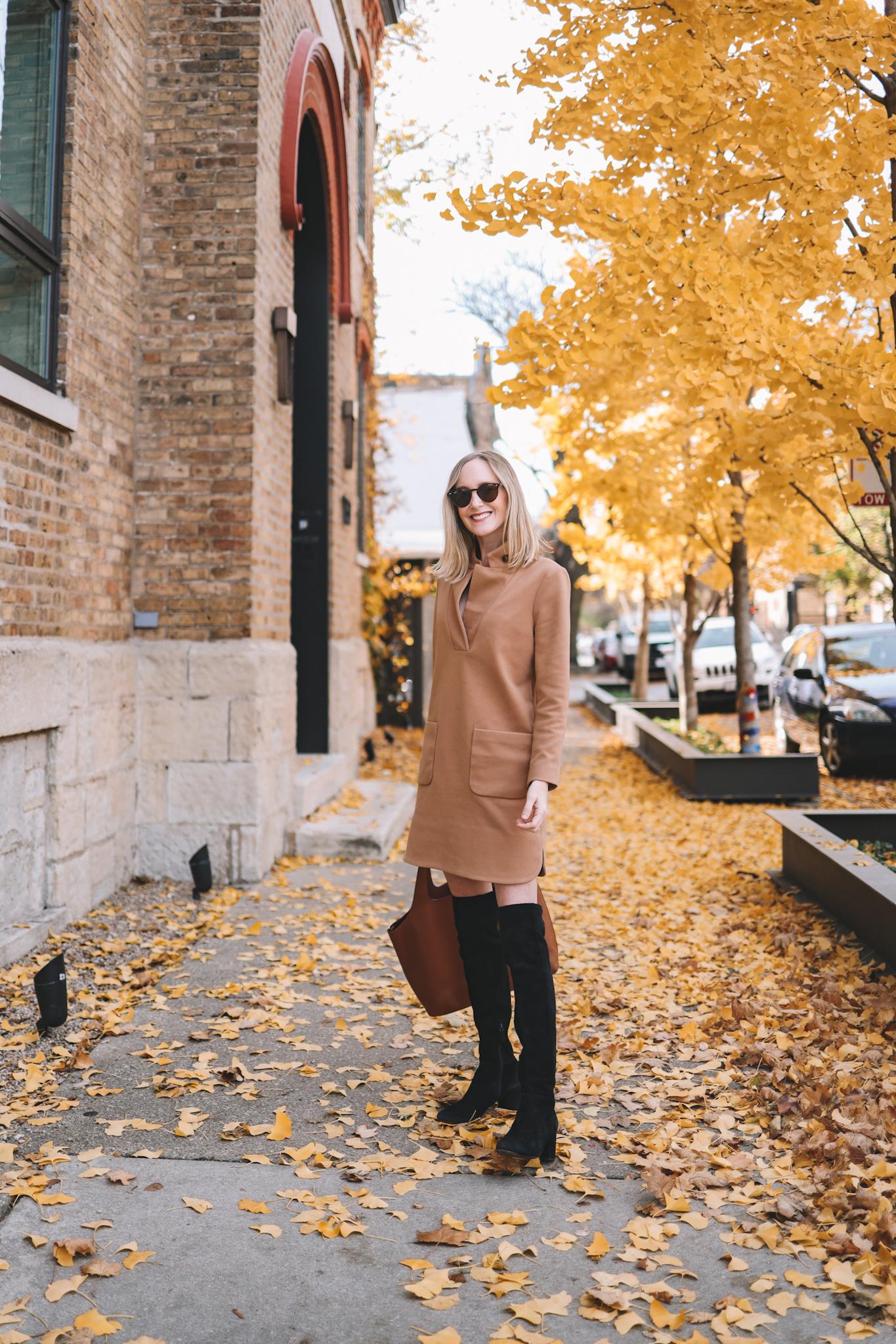 Fall camel dress with over the knee boots