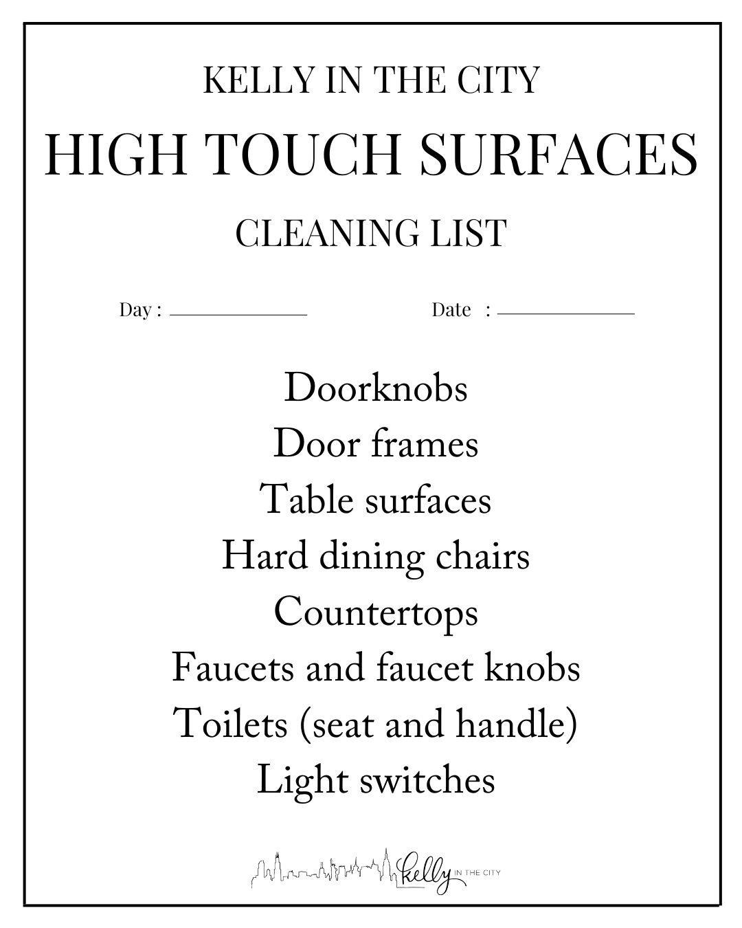 kelly in the city high touch surface cleaning list