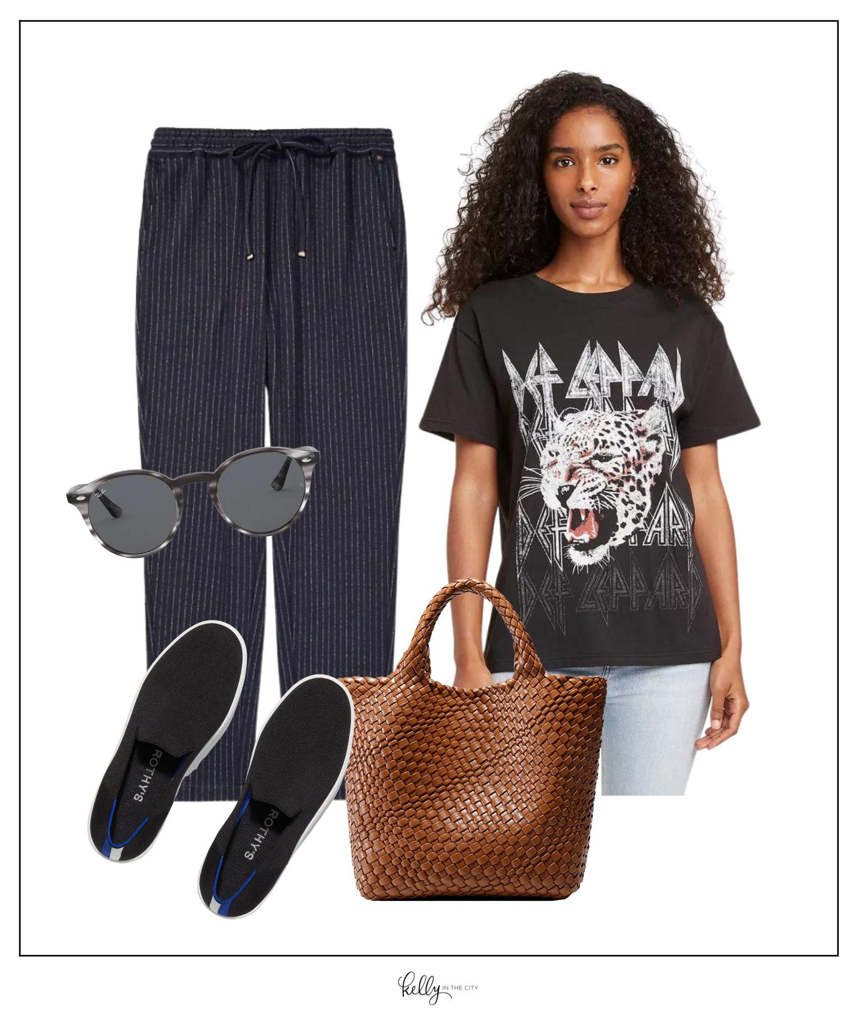 striped pants with graphic tee