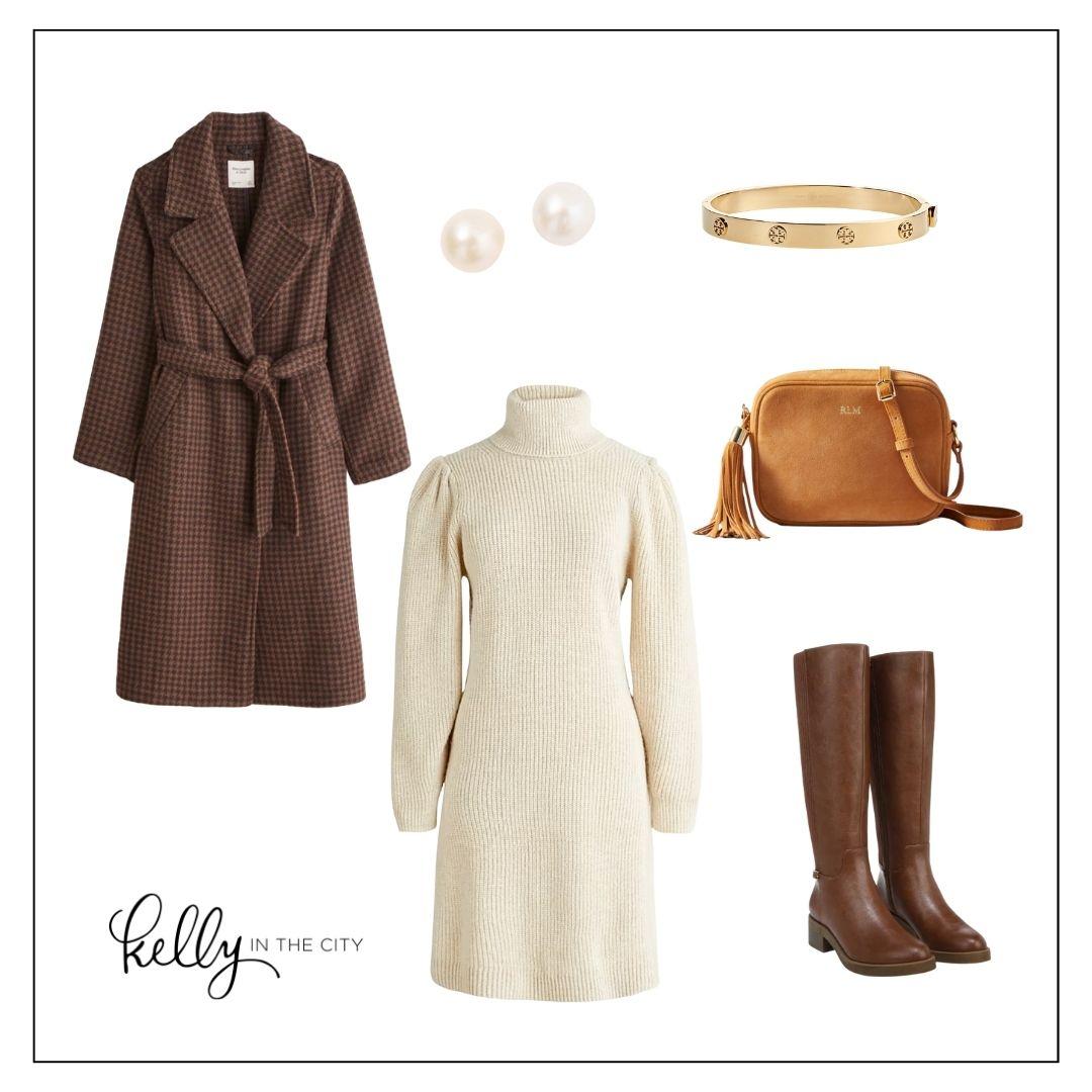 Sweater dress, topcoat, boots, handbag, earrings, and bracelet