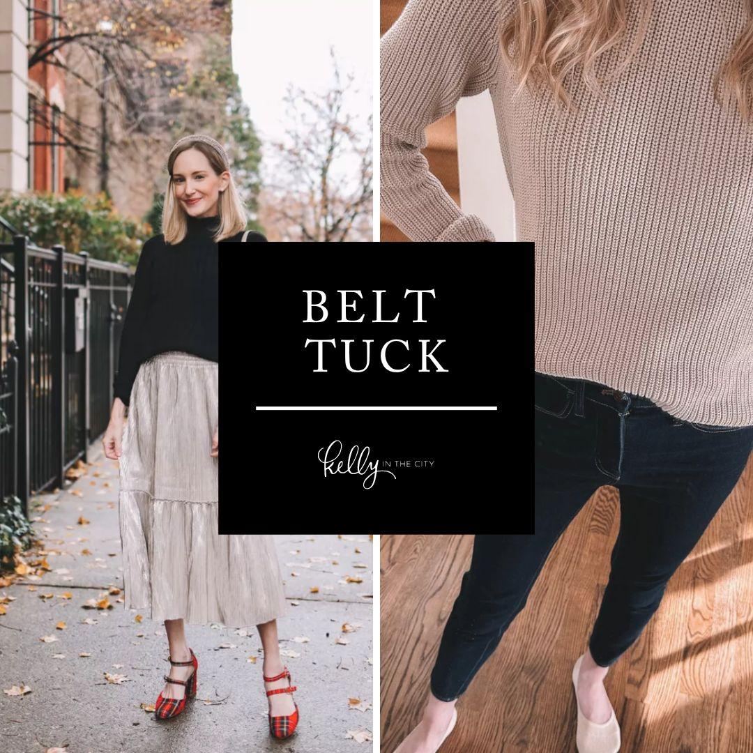 how to tuck sweaters over dresses using a stretchy belt. I love this h, Sweater Tuck Tutorial