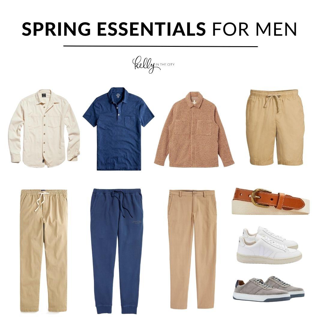 collage of spring essentials for men