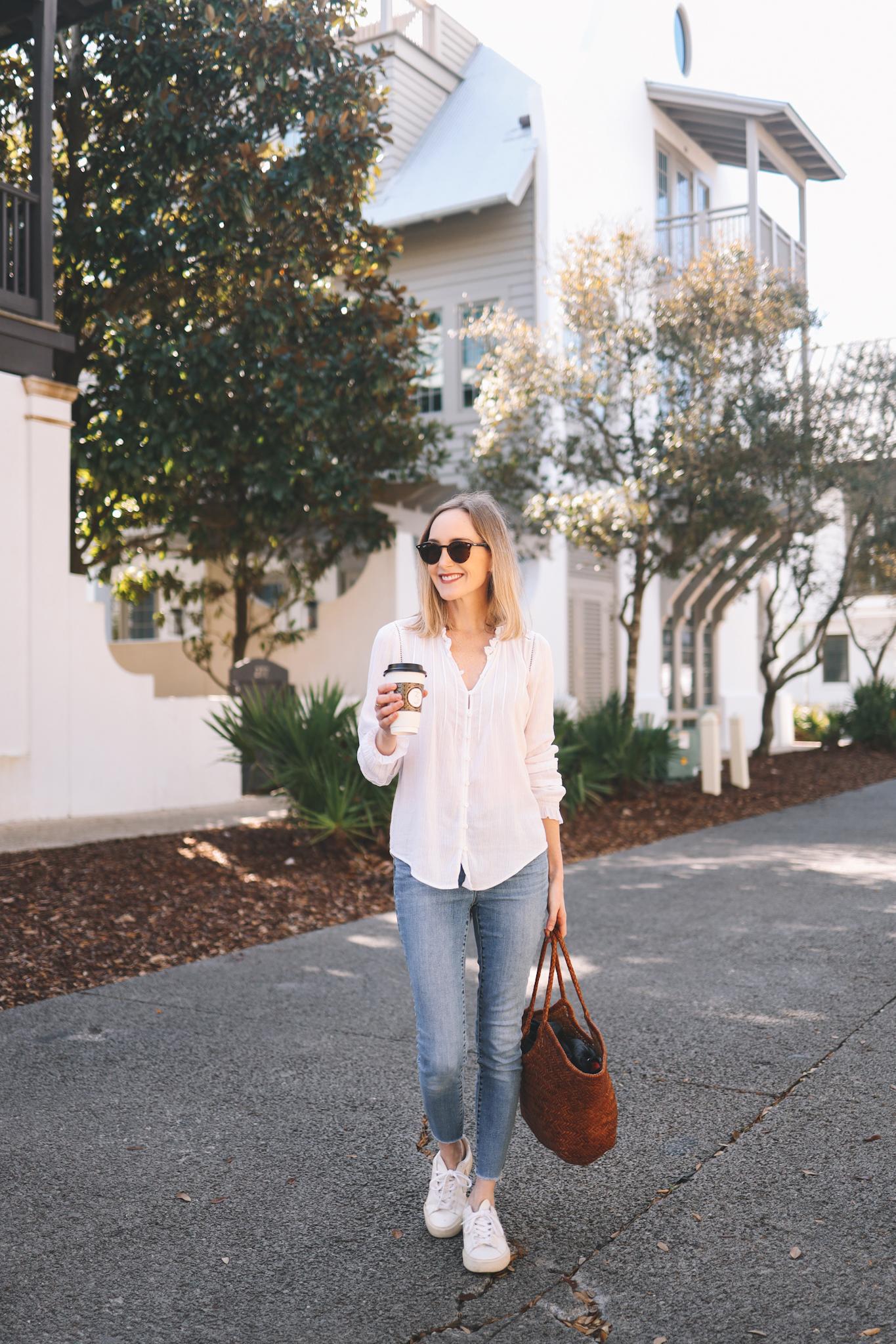 white blouse and jeans spring outfit