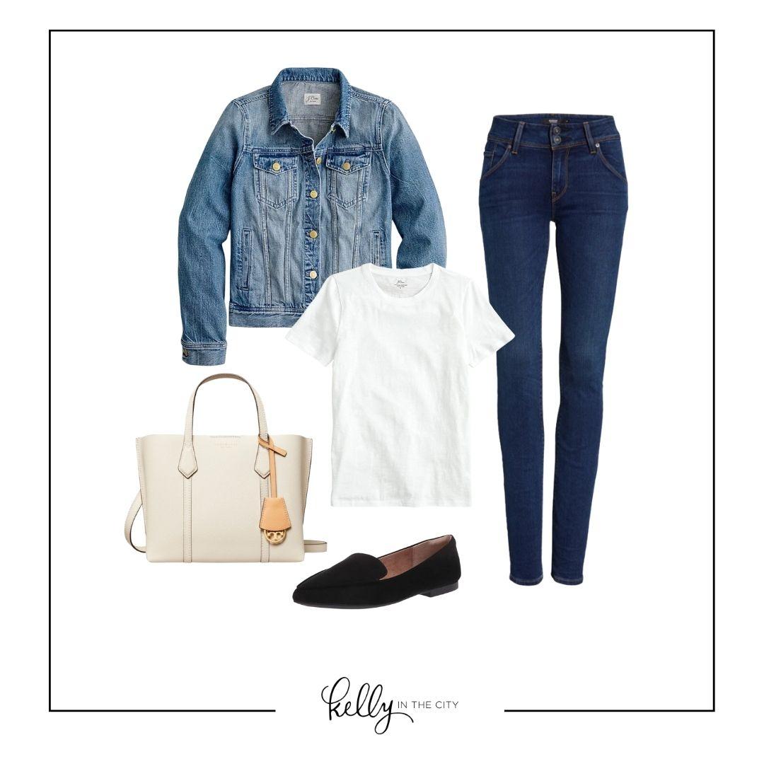 black leather loafer outfit with jean jacket leather tote and white tee shirt