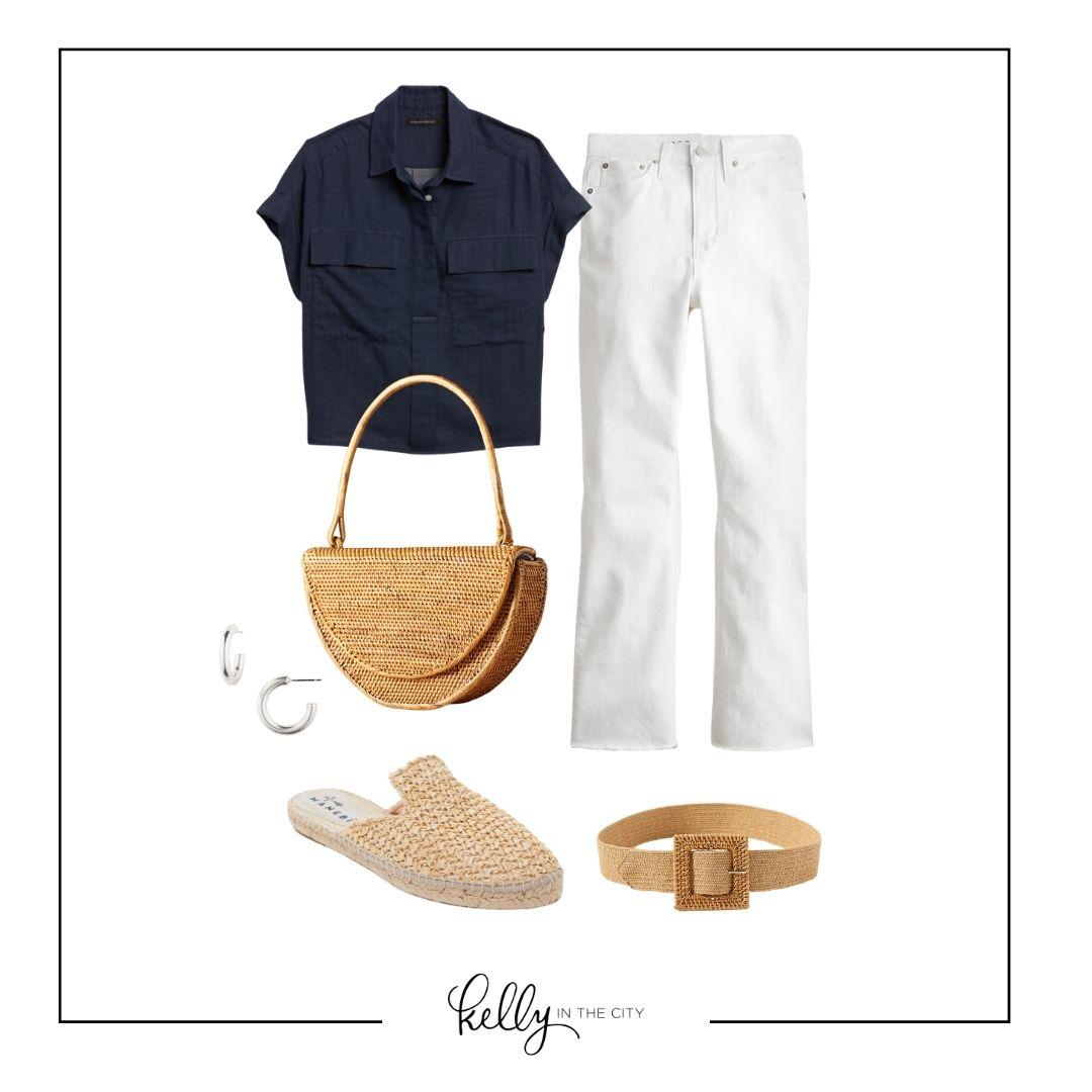 springtime outfit with white pants