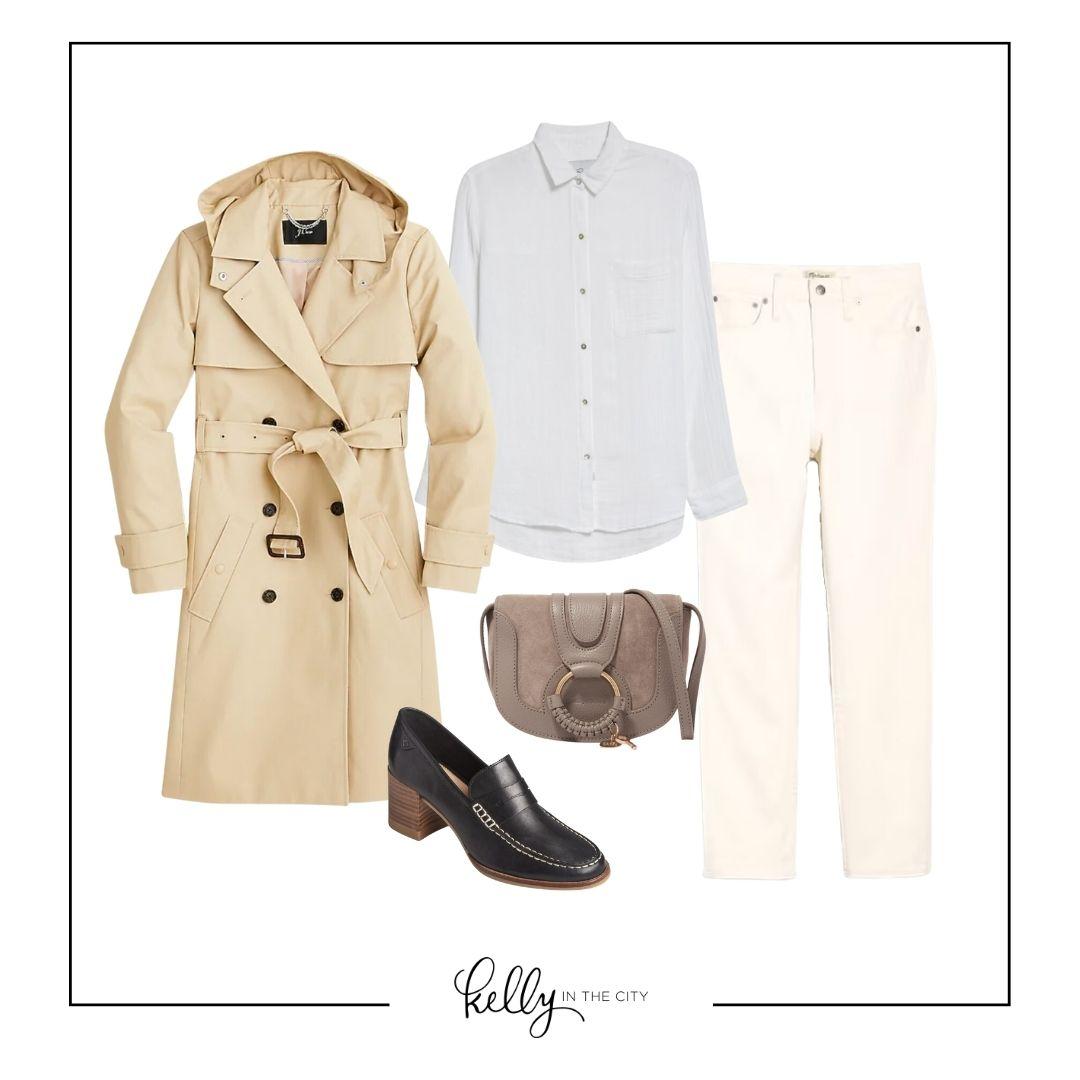 heeled loafer outfit with trench coat