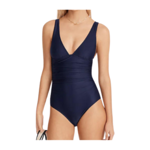 Navy ruched v-neck one piece
