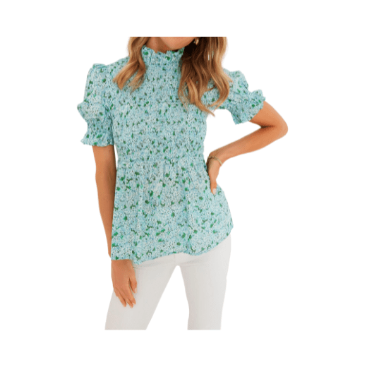 Blue and green floral smocked top