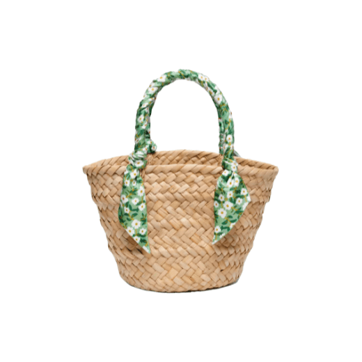 straw tote bag with green floral handles