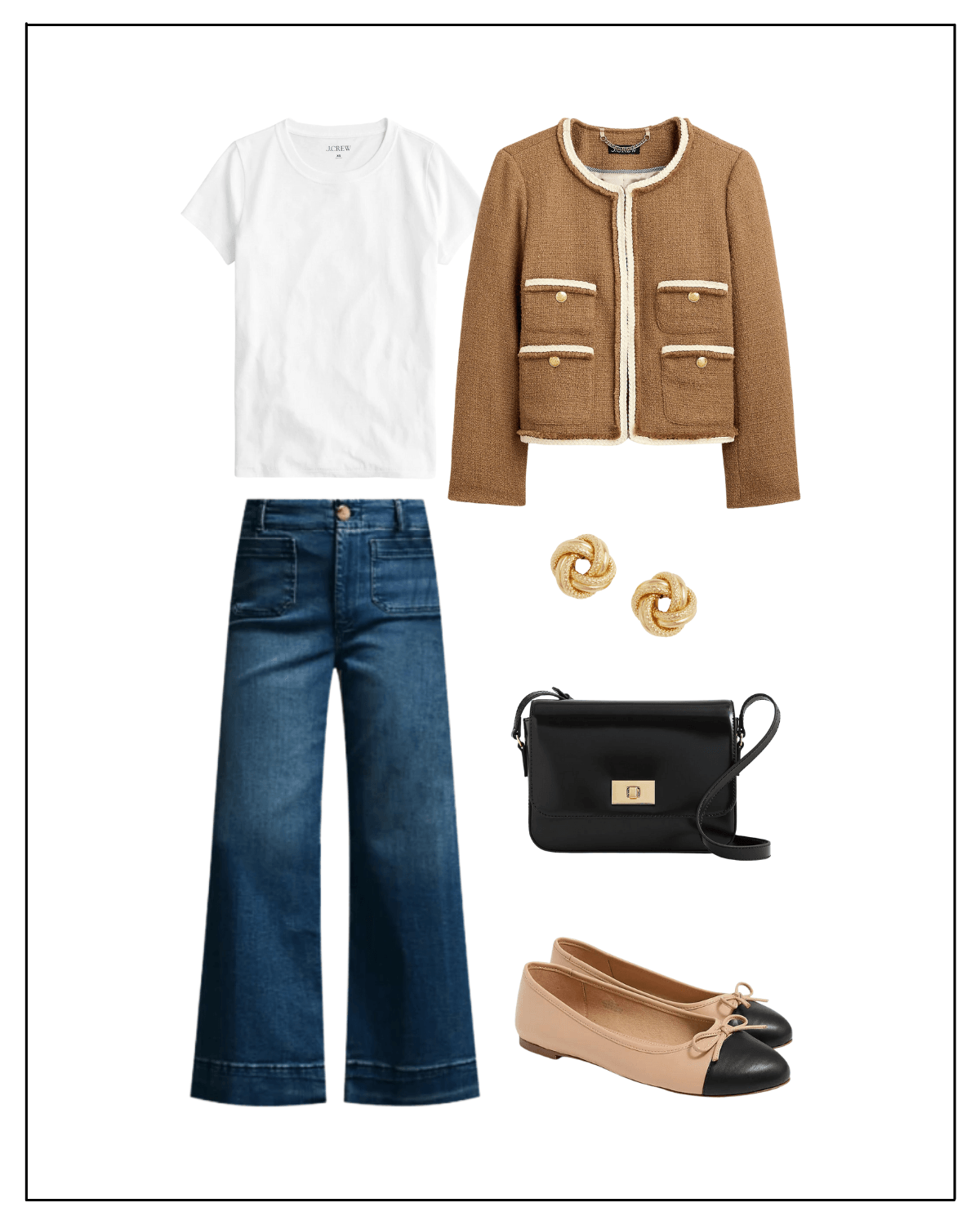 This is a wonderful transitional outfit idea and one you can wear from work to weekend. It includes a tan tweed jacket with the most beautiful white trim and gold button details. I styled it with a basic white crewneck tee and wide-leg jeans. For shoes I went with an affordable pair of cap toe ballet flats that look so much like designer styles but are a fraction of the cost. And I tied this look together with gold knot earrings and a black crossbody bag.