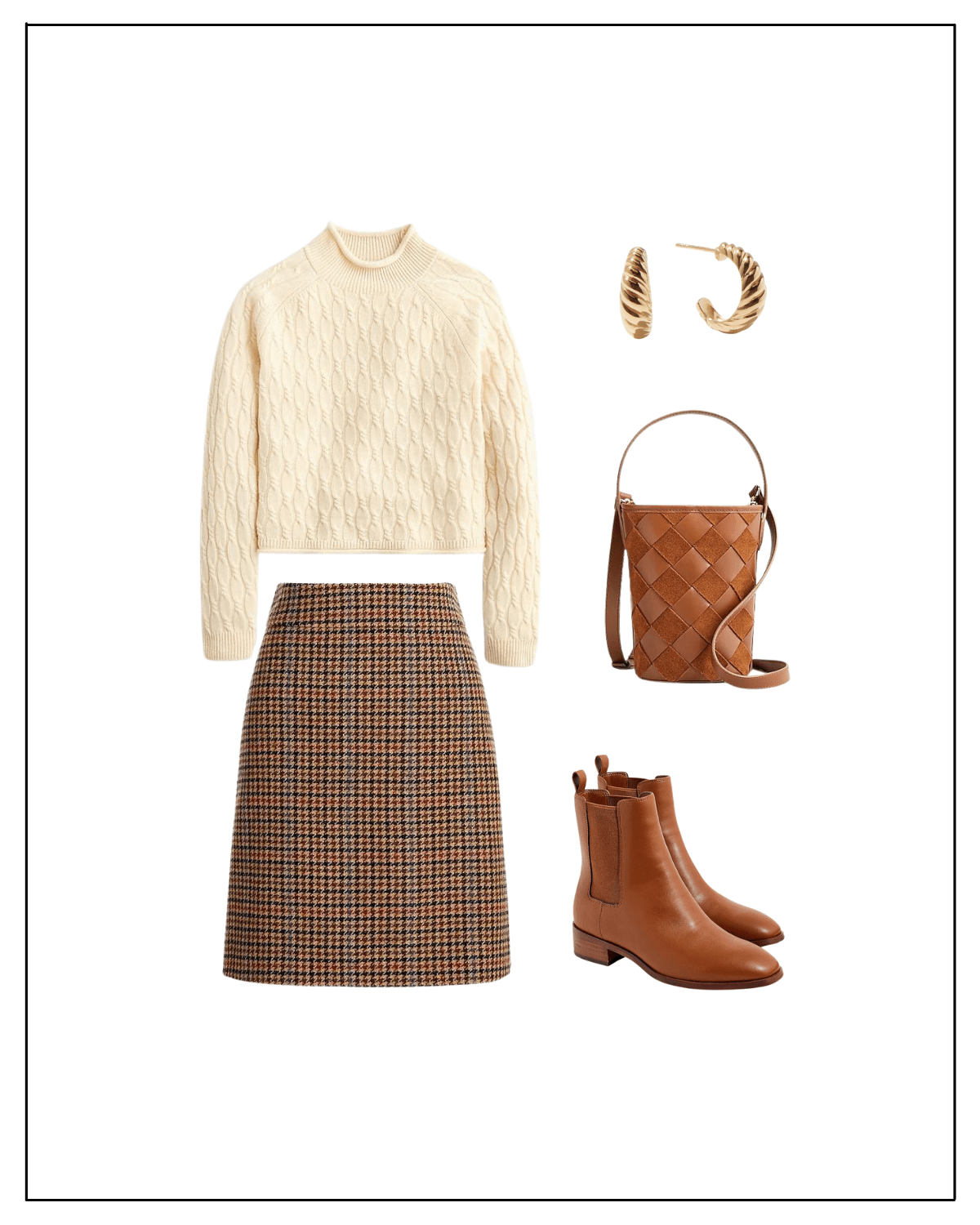 Skirts are another great transitional wardrobe staple for fall. For this outfit I styled a brown houndstooth skirt with a cream rollback cable-knit sweater. For shoes, I paired it with brown leather Chelsea boots. And to complete the outfit I accessorized with gold hoop earrings and a woven leather bucket bag. 