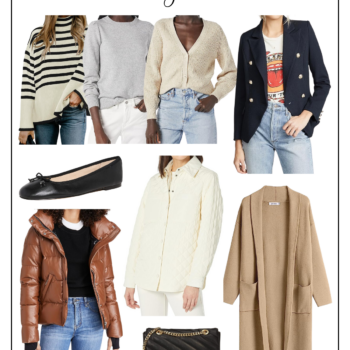 A few of my favorite Amazon Fall Fashion Finds. From left to right, a striped turtleneck sweater, a grey sweater, a cream cardigan sweater, a navy blazer, black ballet flats, a leather puffer jacket, a white quilted shacket, a tan long cardigan sweater, and a black quilted leather crossbody bag.