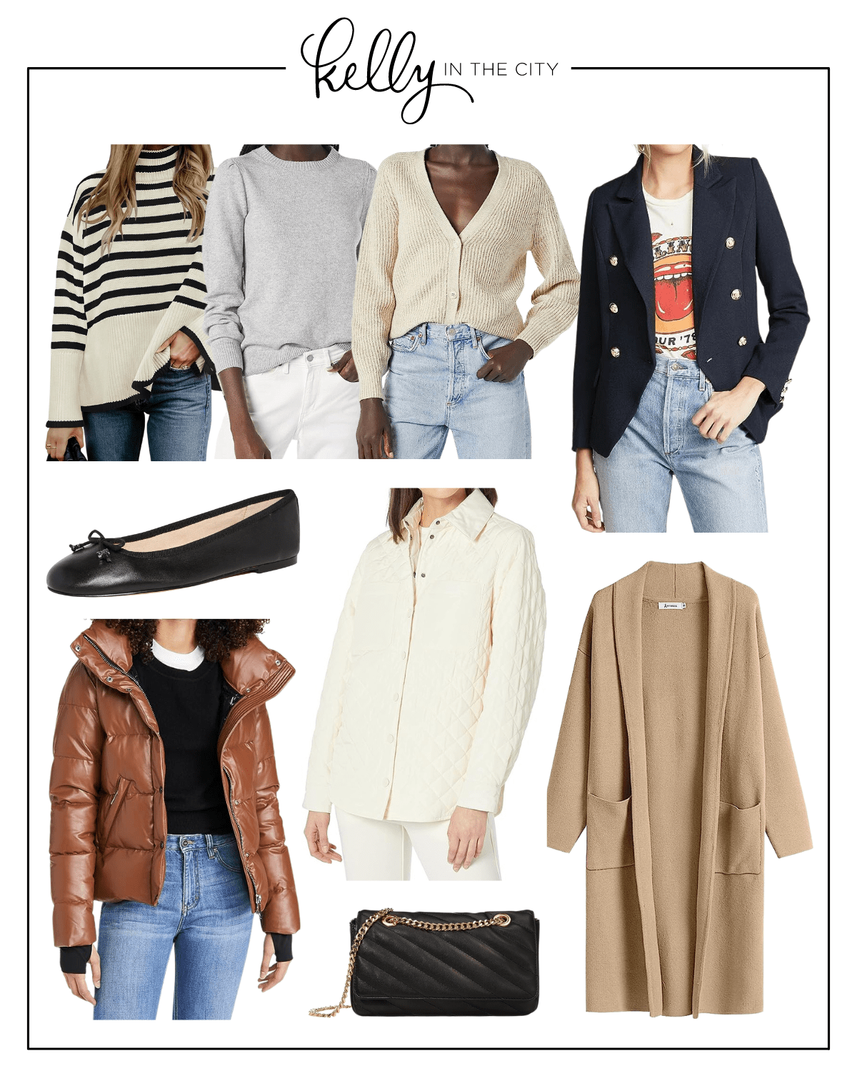 A few of my favorite Amazon Fall Fashion Finds. From left to right, a striped turtleneck sweater, a grey sweater, a cream cardigan sweater, a navy blazer, black ballet flats, a leather puffer jacket, a white quilted shacket, a tan long cardigan sweater, and a black quilted leather crossbody bag.